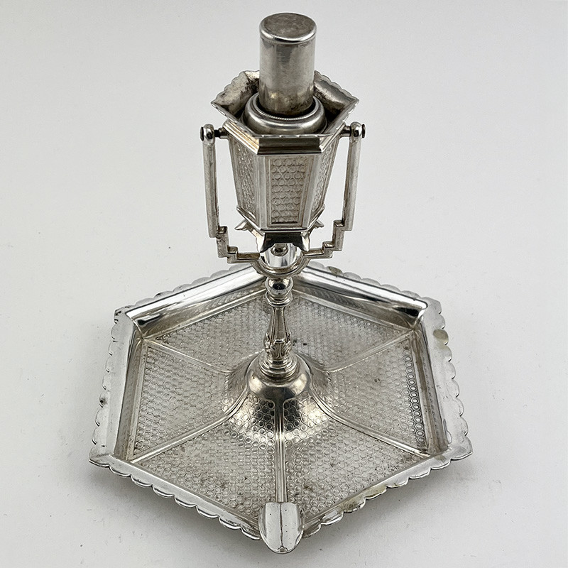 Edwardian Silver Plated Table Cigar Lighter in the Form of a Victorian Street Light