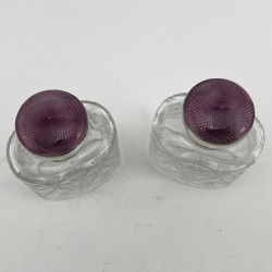 Pair of Sterling Silver Mauve Coloured Guilloche Enamel Perfume Bottles