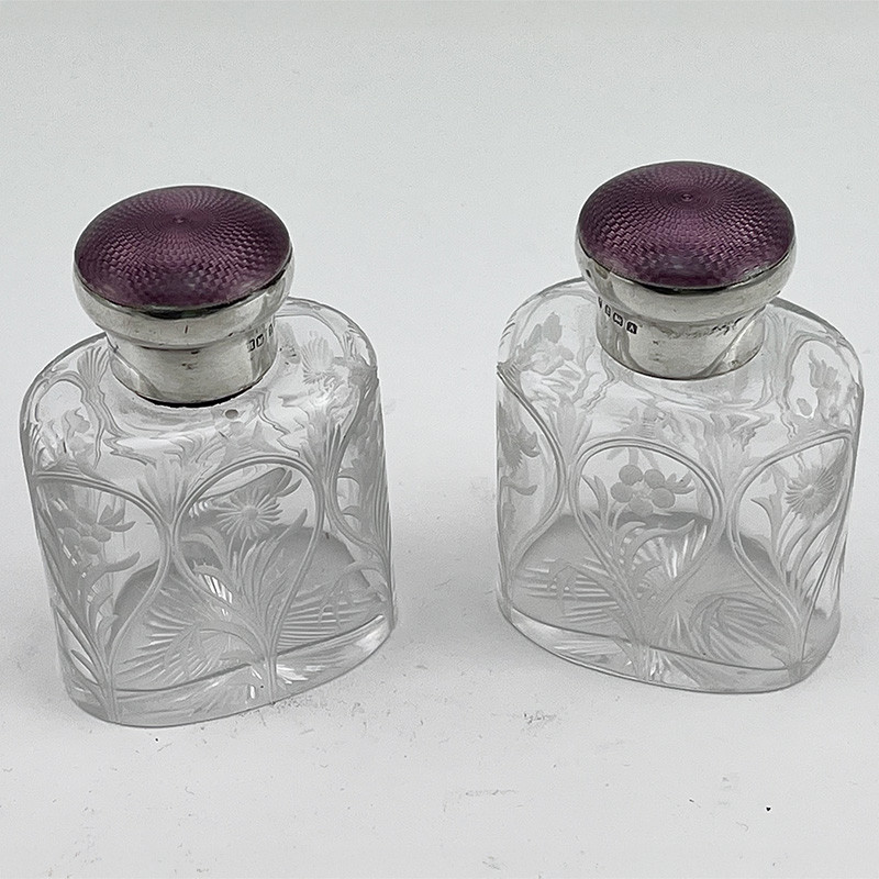 Pair of Sterling Silver Mauve Coloured Guilloche Enamel Perfume Bottles (1925)