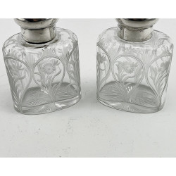 Pair of Sterling Silver Mauve Coloured Guilloche Enamel Perfume Bottles