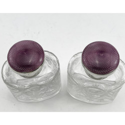 Pair of Sterling Silver Mauve Coloured Guilloche Enamel Perfume Bottles