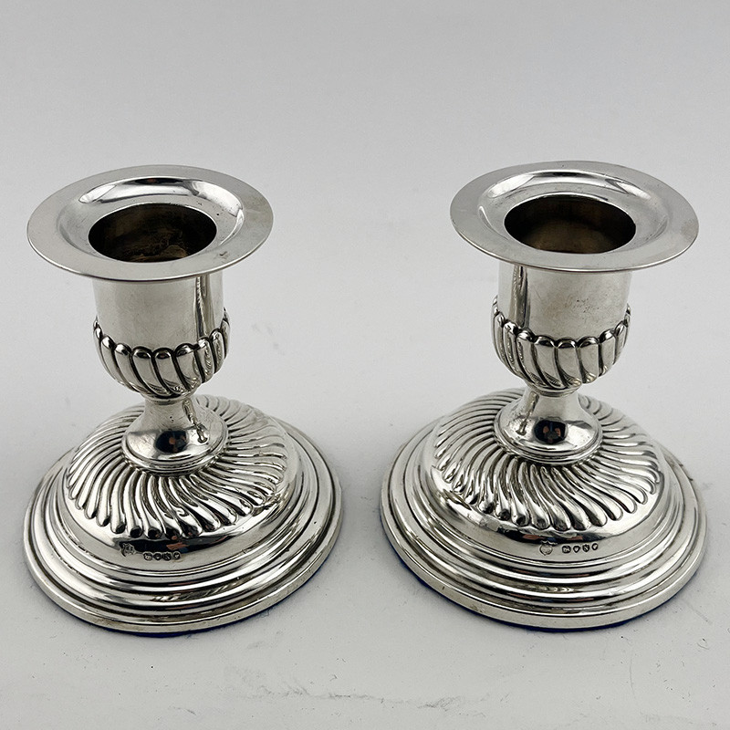 Charming Pair of Antique Dwarf Style Victorian Sterling Silver Candlesticks (1888) Charming Pair of Antique Dwarf Style Victorian Sterling Silver Candlesticks (1888)
