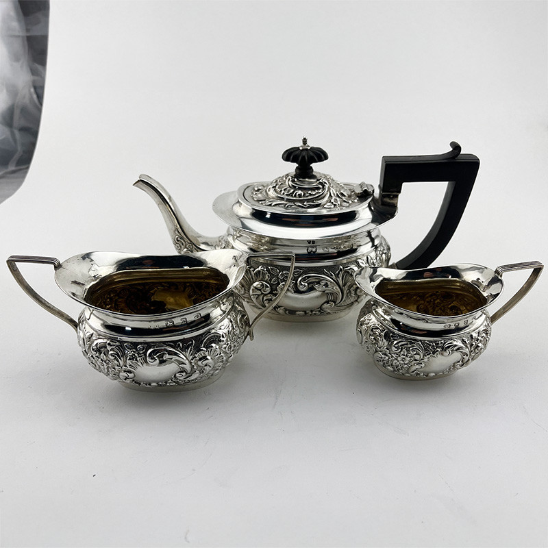 Pretty Sterling Silver Late Victorian Three Piece Bachelor Tea Set Pretty Sterling Silver Late Victorian Three Piece Bachelor Tea Set