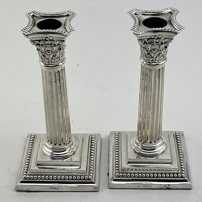 Pair of Edwardian Sterling Silver Candlesticks in Corinthian Style
