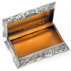 Silver Victorian Snuff Box Engraved with Scrolls and Foliage and Gilt Interior