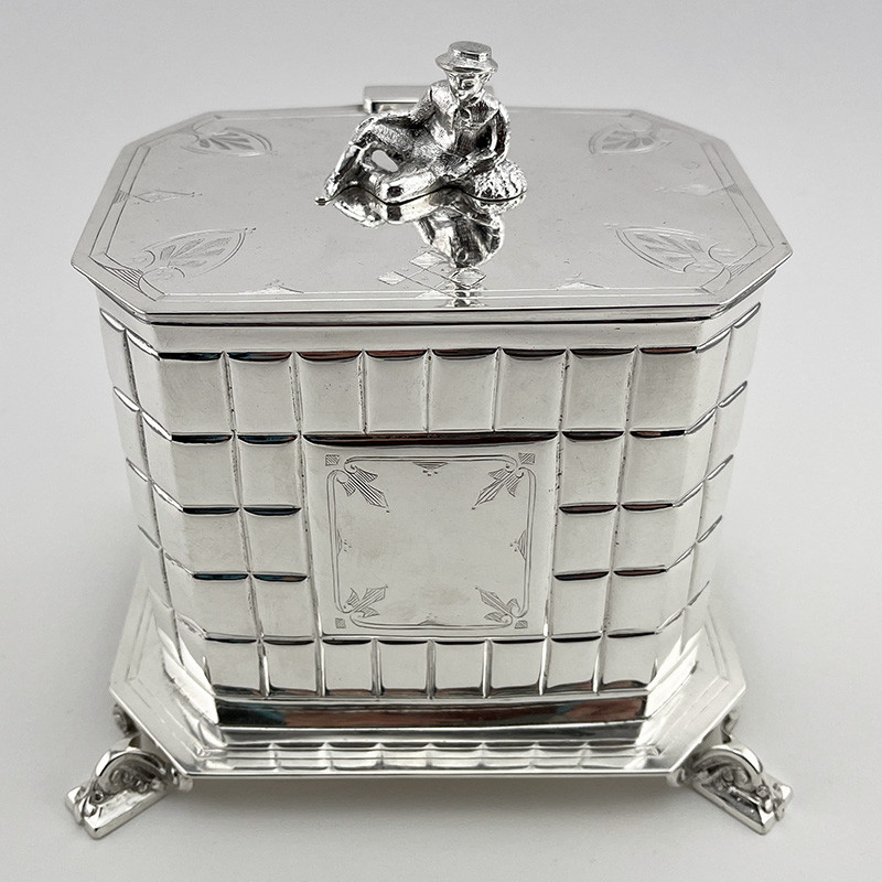 Victorian Silver Plated Biscuit or Trinket Box with Figural Farmer Resting on a Wheatsheaf