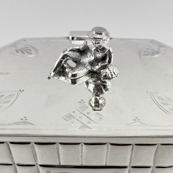 Victorian Silver Plated Biscuit or Trinket Box with Figural Farmer Resting on a Wheatsheaf