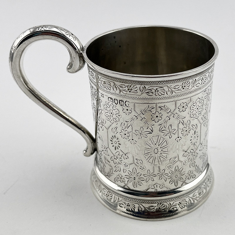 Beautifully Engraved Victorian Sterling Silver Childs Christening Mug (1879) Beautifully Engraved Victorian Sterling Silver Childs Christening Mug (1879)