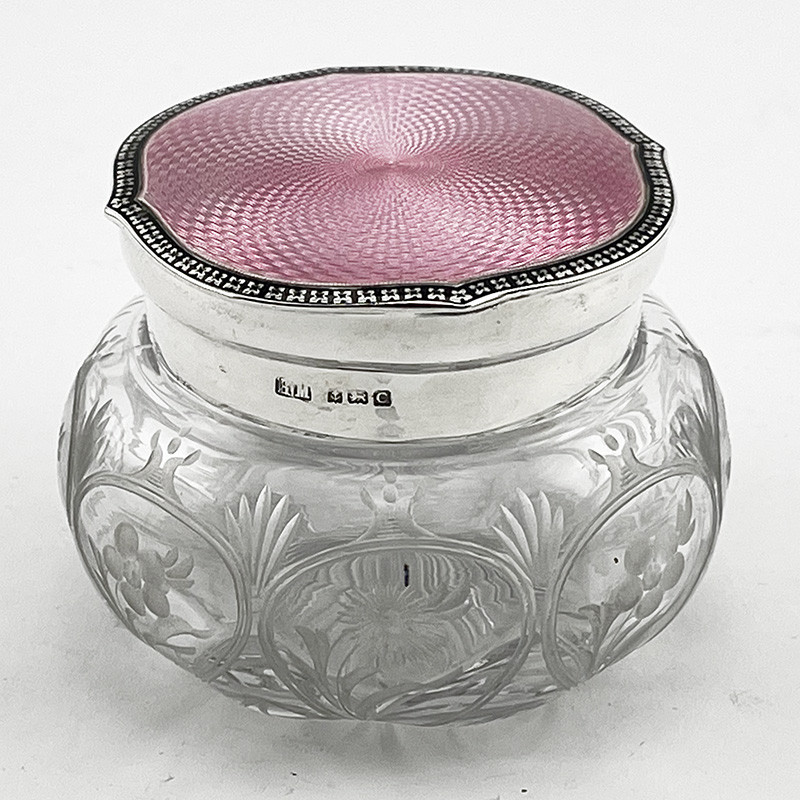 Sterling Silver and Pink Guilloche Enamel Topped Dressing Table Jar (1927) Sterling Silver and Pink Guilloche Enamel Topped Dressing Table Jar (1927)