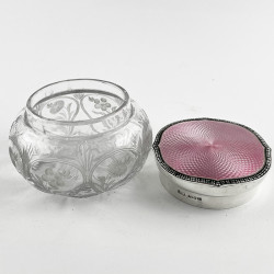Sterling Silver and Pink Guilloche Enamel Topped Dressing Table Jar