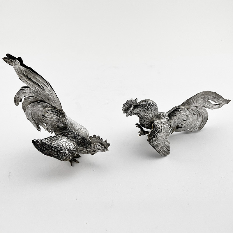 Decorative Pair of Continental Sterling Silver Standing Fighting Cockerels (c.1900)