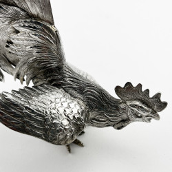 Decorative Pair of Continental Sterling Silver Standing Fighting Cockerels