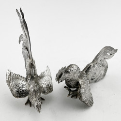 Decorative Pair of Continental Sterling Silver Standing Fighting Cockerels