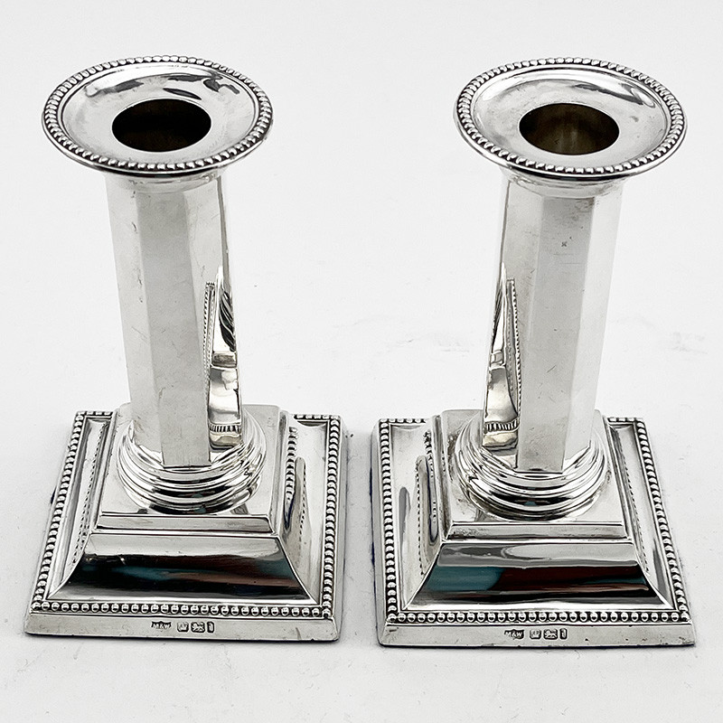 Pair of Edwardian Sterling Silver Candlesticks with Detachable Circular Beaded Nozzles (1901) Pair of Edwardian Sterling Silver Candlesticks with Detachable Circular Beaded Nozzles (1901)