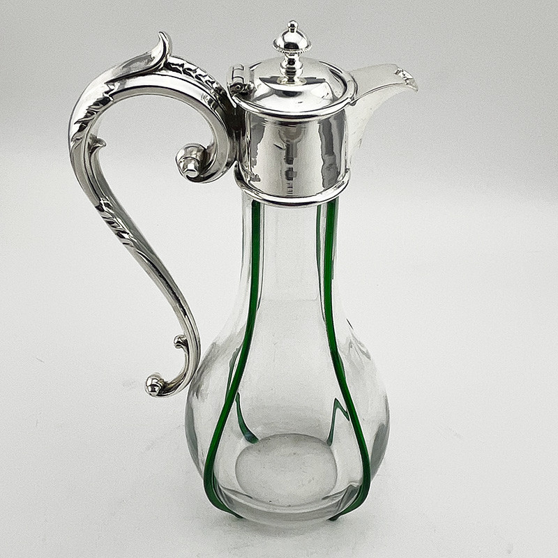 Unusual Edwardian Silver Plated Claret Jug with Green Applied Ribs (c.1900)
