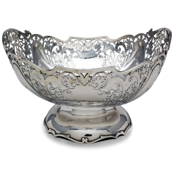 Vintage Oval Boat Shaped Silver Bowl Pierced with Leaves and Scrolls