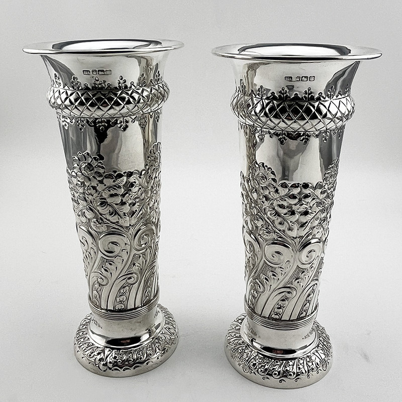 Large Pair of Trumpet Shape Edwardian Sterling Silver Vases (1904)