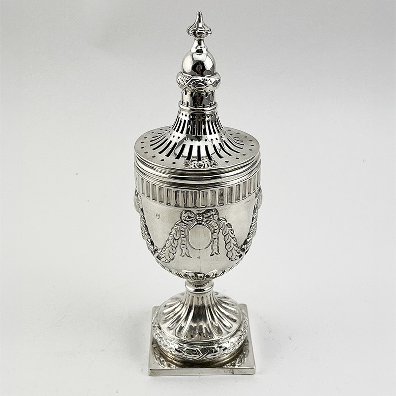 Edwardian Sterling Silver Sugar Caster with Pull Off Pierced and Waisted Neck