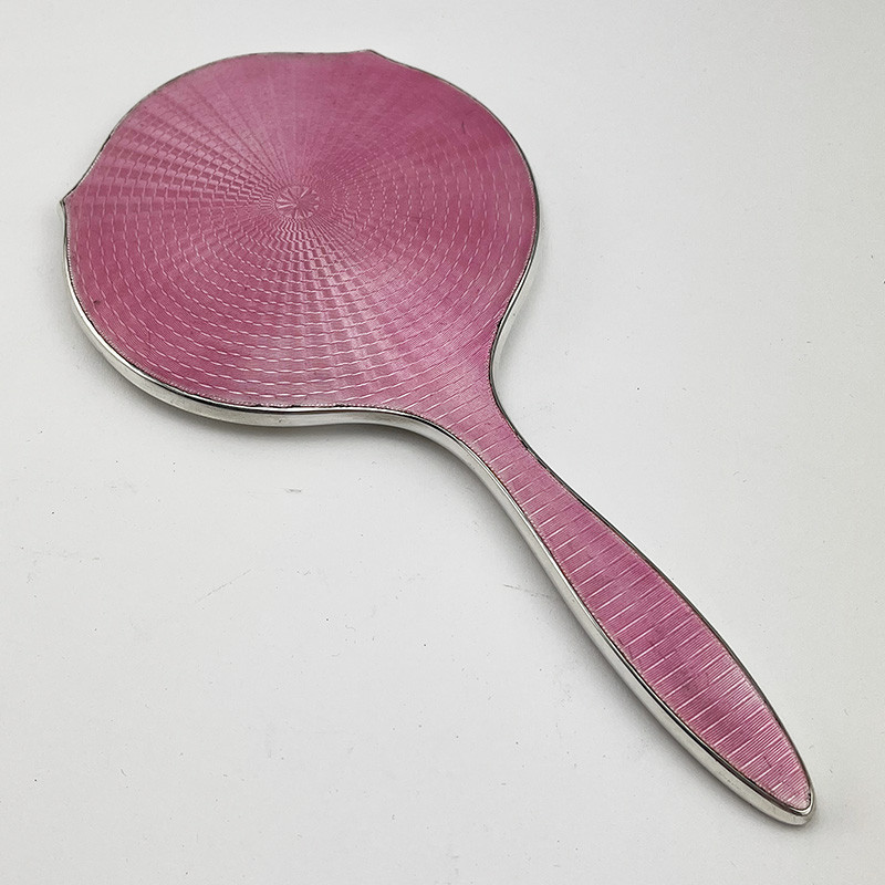 Pretty Pink Guilloche Enamel Hand Mirror in a Shaped Circular Form
