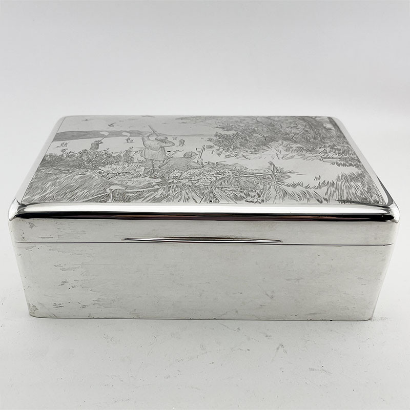 Large Size Antique Sterling Silver Shooting Scene Cigar or Trinket Box