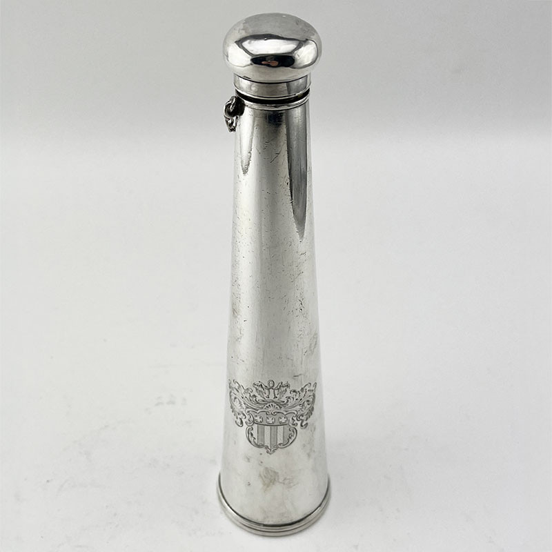 Unusual Victorian Sterling Silver Hunting Style Hip Flask (1859)