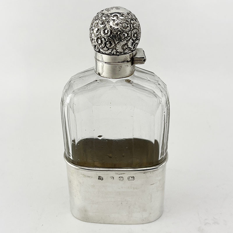 Victorian Glass and Sterling Silver Hip Flask with Removable Gilt Cup (1897)