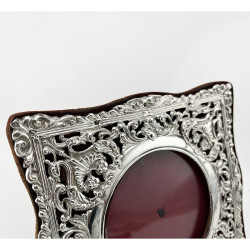 Decorative Square Edwardian Sterling Silver Photo Frame with Round Aperture
