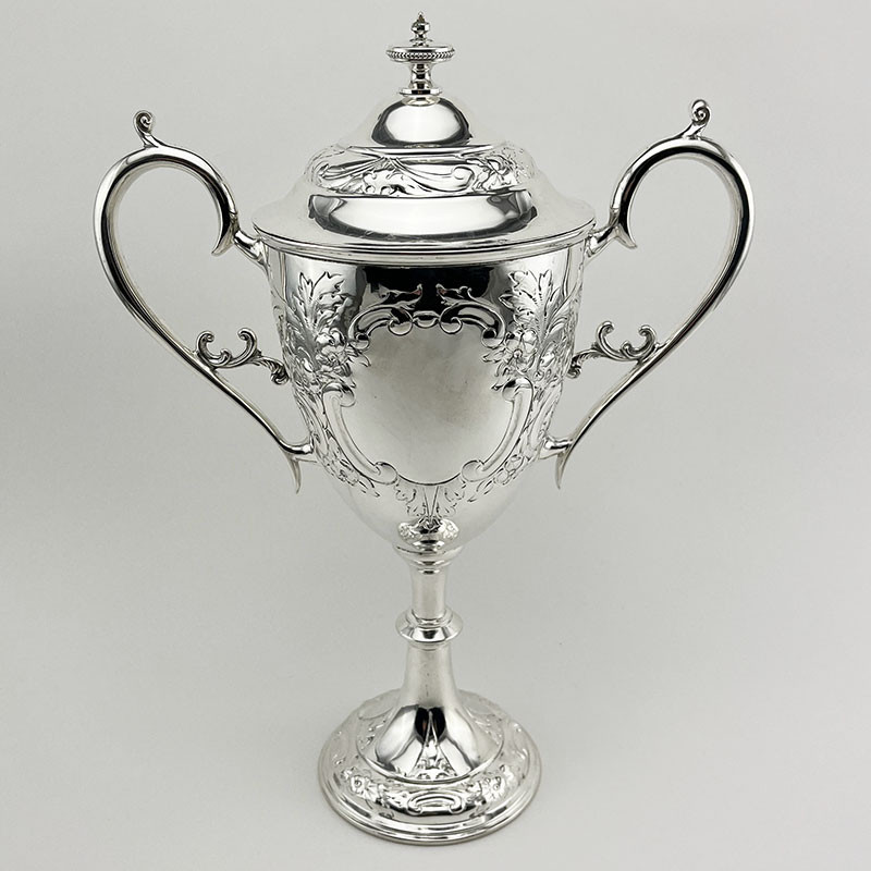 Victorian Silver Plated Lidded Trophy Cup with Two Vacant Cartouche (1890)