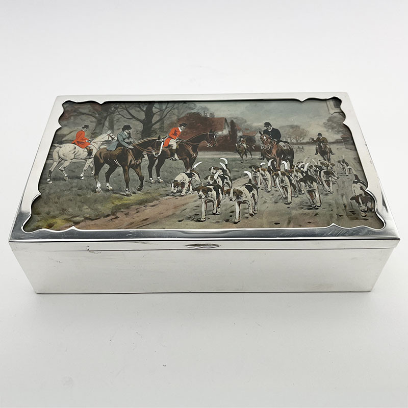 Silver Plated Cigar or Trinket Box Depicting a Hunting Scene on the Lid