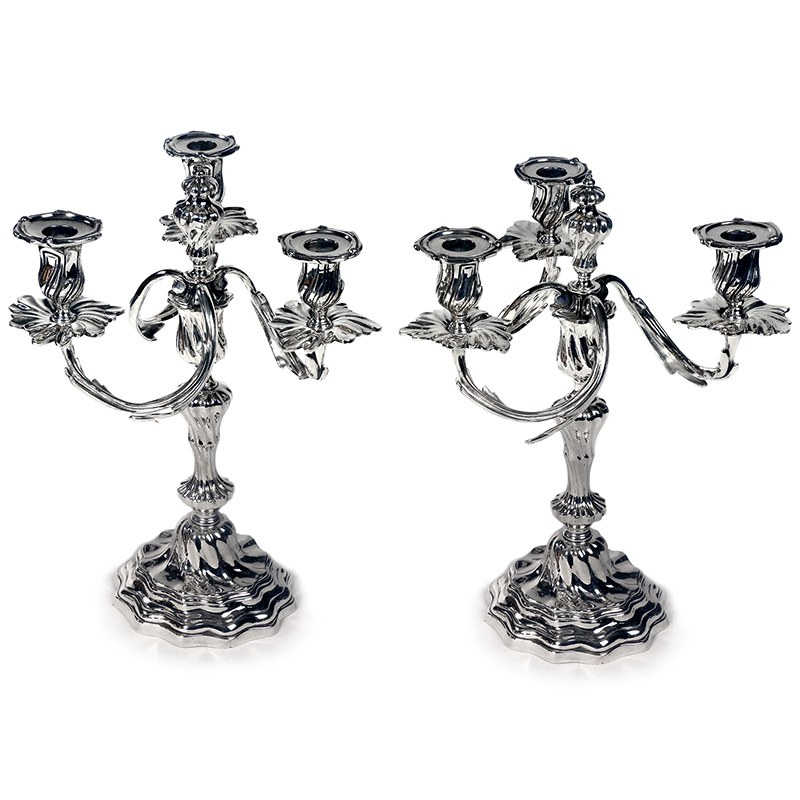 Pair of Decorative Silver Plate Three Light Candelabra with Scroll Arms