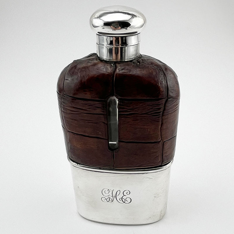 Edwardian Sterling Silver and Leather Crocodile Style Hip Flask (1911)