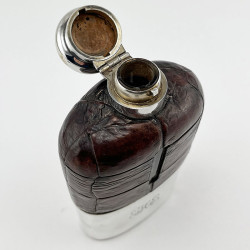 Edwardian Sterling Silver and Leather Crocodile Style Hip Flask