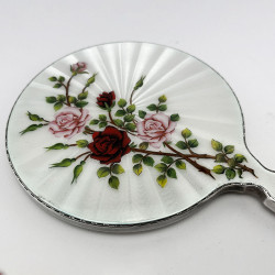 Floral Pattern Enamel and Sterling Silver Hand Mirror
