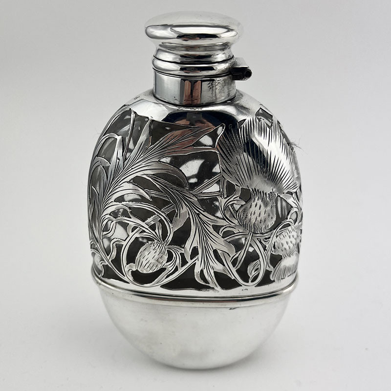 Floral Pattern Oval Sterling Silver Hip Flask (c.1920)
