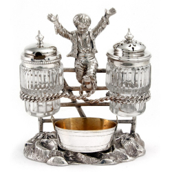 Pair of Victorian Boy on a Fence Silver Plate Cruet Sets