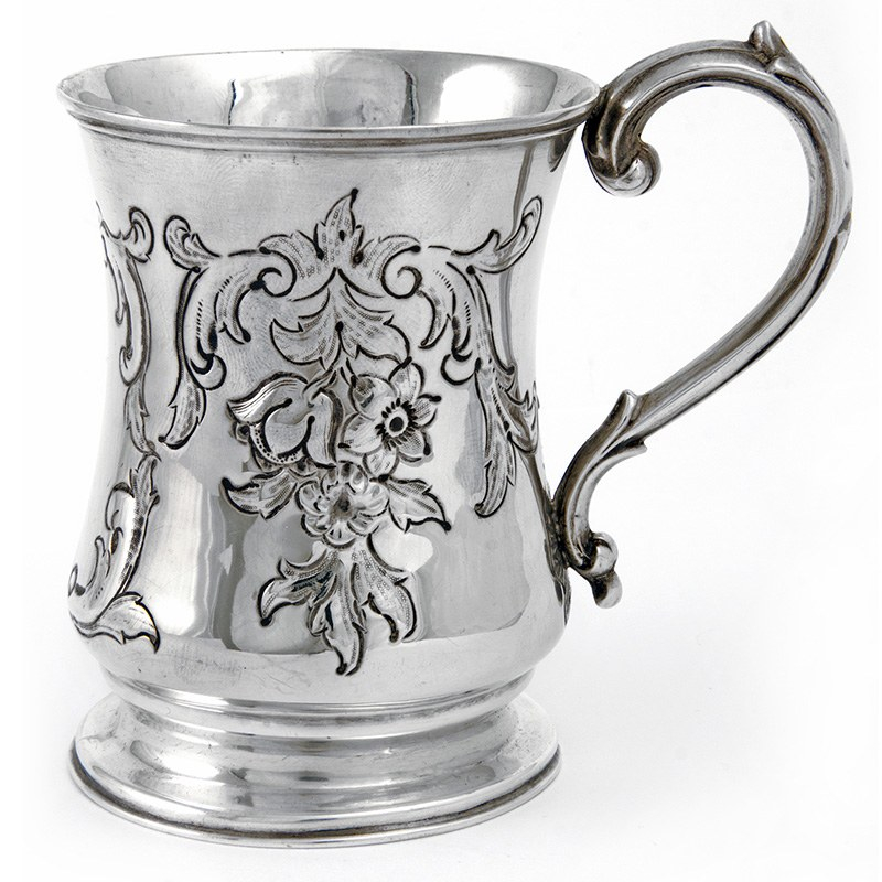 Victorian Silver Christening Mug Chased with Flowers and Scrolls