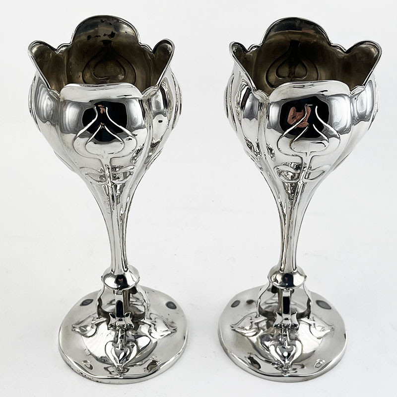 Unusual Pair of Art Nouveau Style Sterling Silver Vases (1903)
