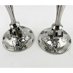 Unusual Pair of Art Nouveau Style Sterling Silver Vases