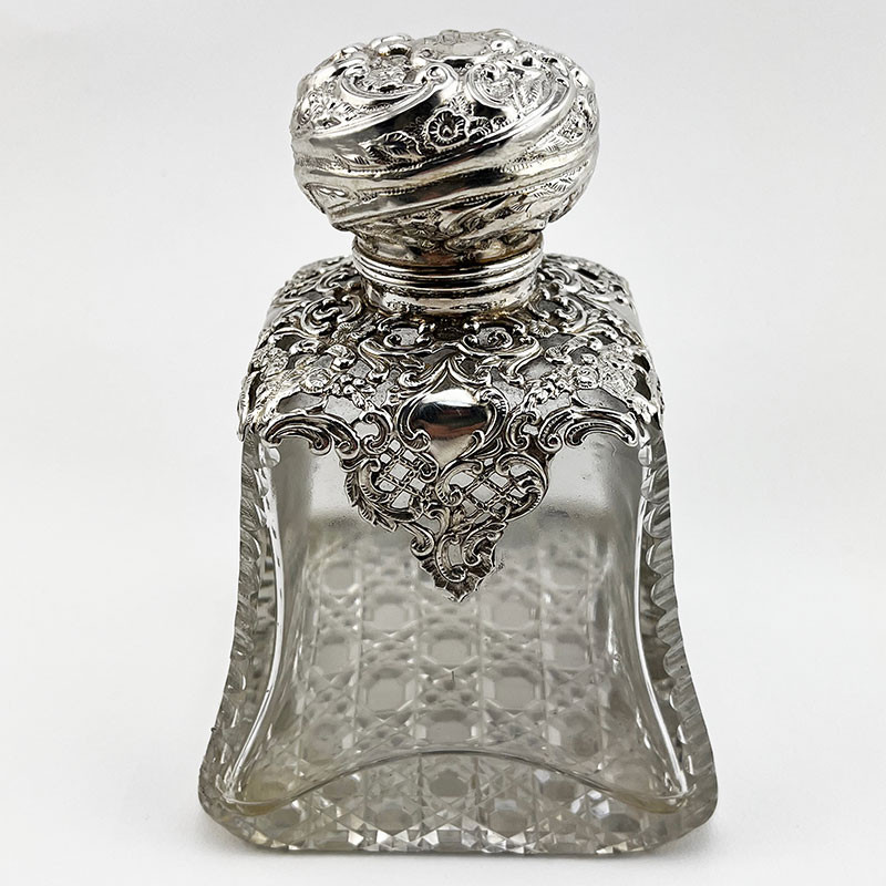 Large Victorian Sterling Silver and Cut Glass Perfume Bottle (1898)