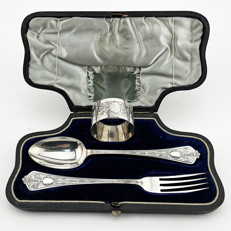 Boxed Victorian Sterling Silver Three Piece Christening Set