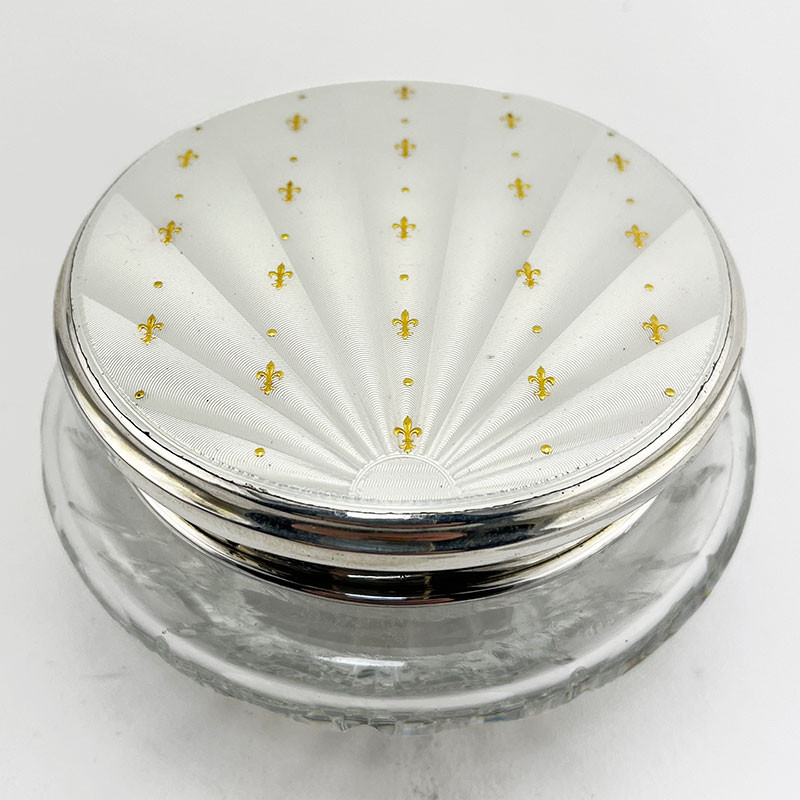 Guilloche Enamel Sterling Silver and Cut Glass Jar