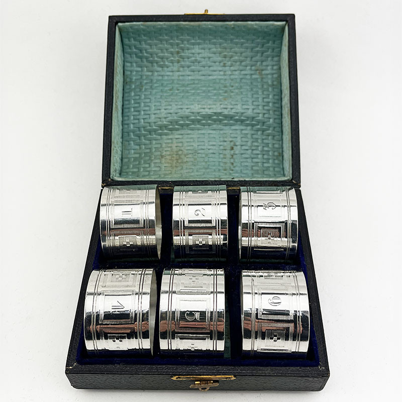 Boxed Set of Six Numbered Victorian Silver Plated Napkin Rings (c.1900)