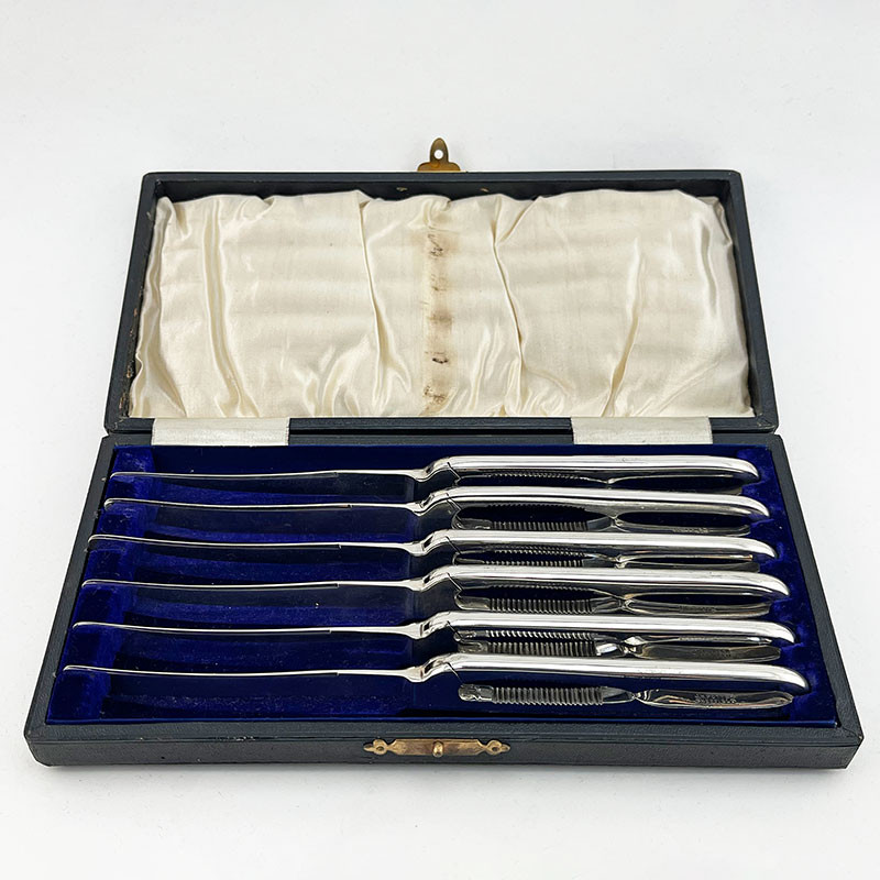 Set of Six English Boxed Silver Plated Lobster Crackers or Crab Picks (c.1900)