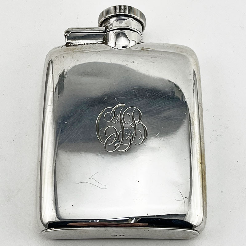 Good Quality Sterling Silver Hip Flask in a Curved Rectangular Shape
