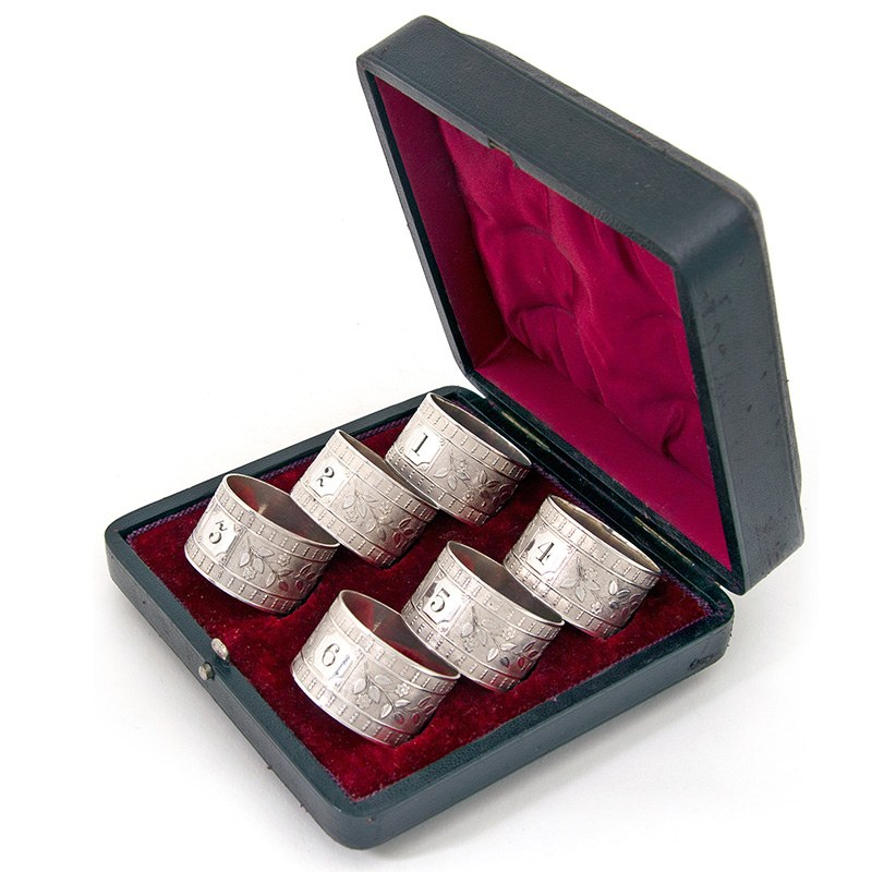 Antique Boxed Set of Six Numbered Napkin Rings