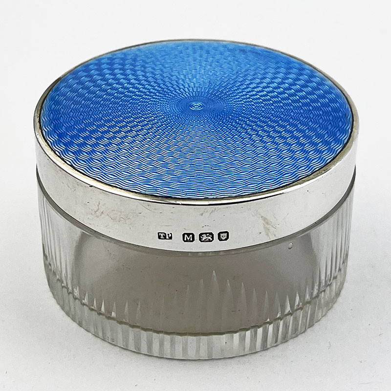 Blue Guilloche Enamel and Sterling Silver Dressing Table Jar