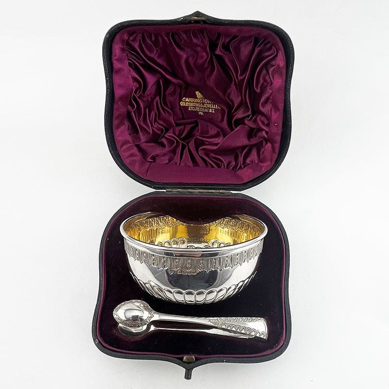 Boxed Victorian Sterling Silver Sugar Bowl and Matching Sugar Tongs (1887)