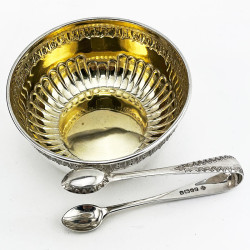 Boxed Victorian Sterling Silver Sugar Bowl and Matching Sugar Tongs