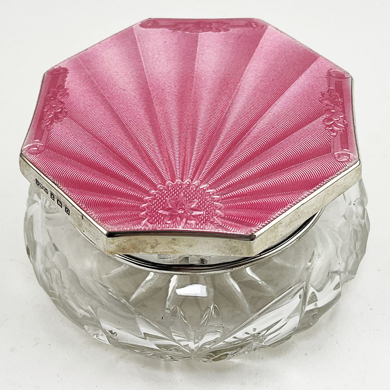 Large Pink Guilloche Enamel and Sterling Silver Dressing Table Jar (1938)