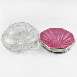 Large Pink Guilloche Enamel and Sterling Silver Dressing Table Jar